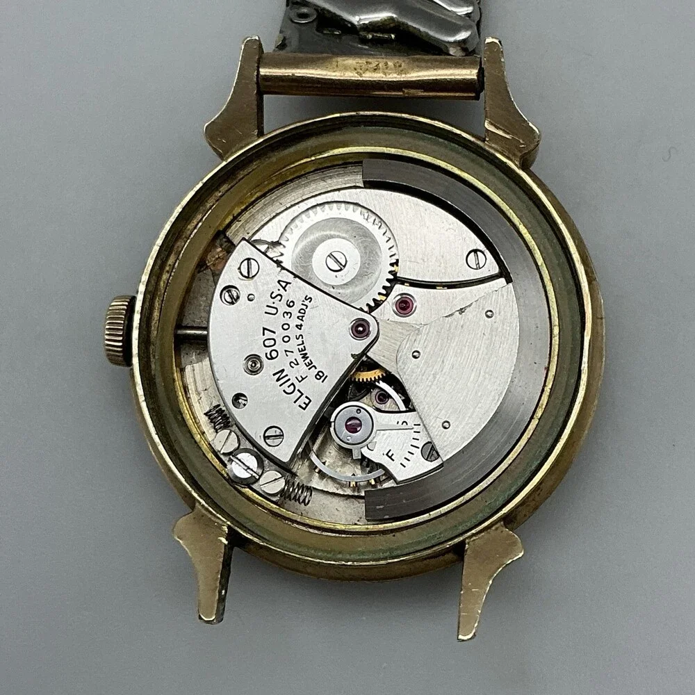 Vintage Elgin 607 Automatic Mens Watch 34mm 10K Gold Filled Case Stretch Band